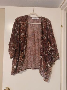 Bishop + Young Brown Velvet Floral Sheer Kimono Cardigan Size M